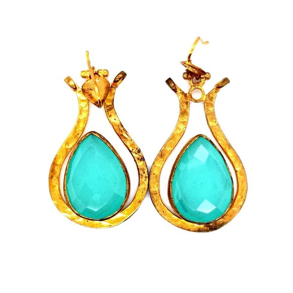 Gold Teal Stone Earrings - Picture 1 of 4